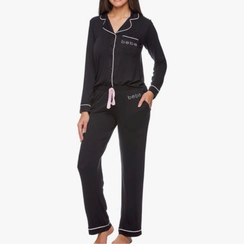 bebe 2 Piece Pajama Top and Bottom Loungewear Set (Black/Pink Trim) NWT Medium
